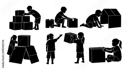 Children playing with cardboard boxes, building and creating imaginative structures