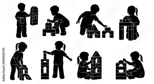 Children playing with building blocks, silhouette set, diverse activities, learning and creativity