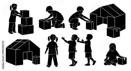 Children playing with cardboard boxes, building forts and towers, creative childhood fun