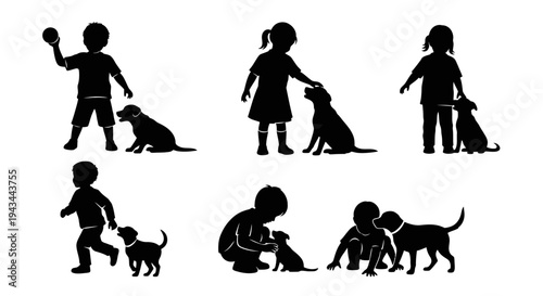 Children playing with dogs, silhouettes of kids and pets bonding and having fun outdoors