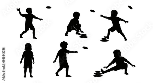 Children Playing with Frisbees Silhouette Set: Action, Fun, Outdoor Activity