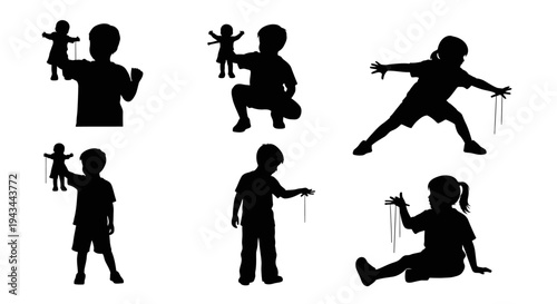 Children playing with puppets, silhouettes of kids having fun with marionettes