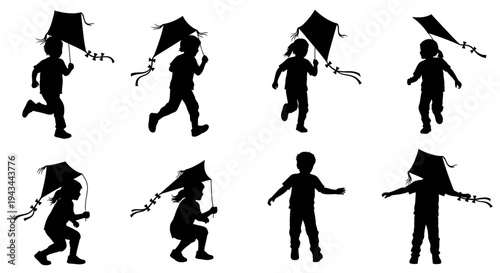 Children Playing with Kites Silhouettes: Joyful Outdoor Activity
