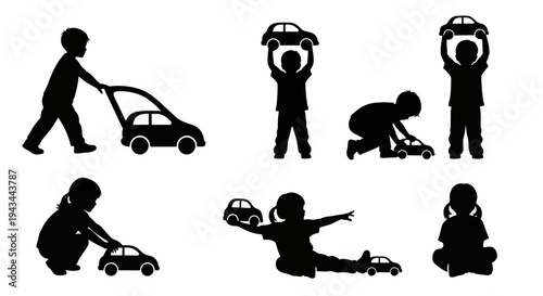 Children Playing with Toy Cars Silhouette Set: Diverse Activities and Poses