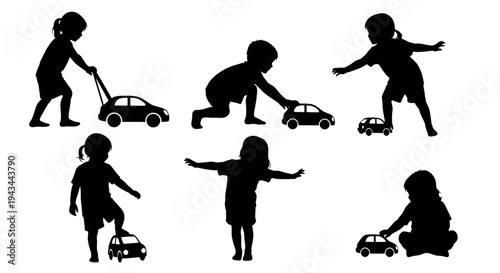 Children Playing with Toy Cars Silhouettes: Diverse Actions and Poses