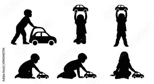 Children Playing With Toy Cars, Silhouette Collection