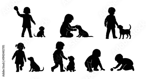 Children playing with puppies, silhouette set