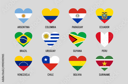 Set of 12 South America country flags in heart shape vector icons representing national identity, patriotism and continental culture