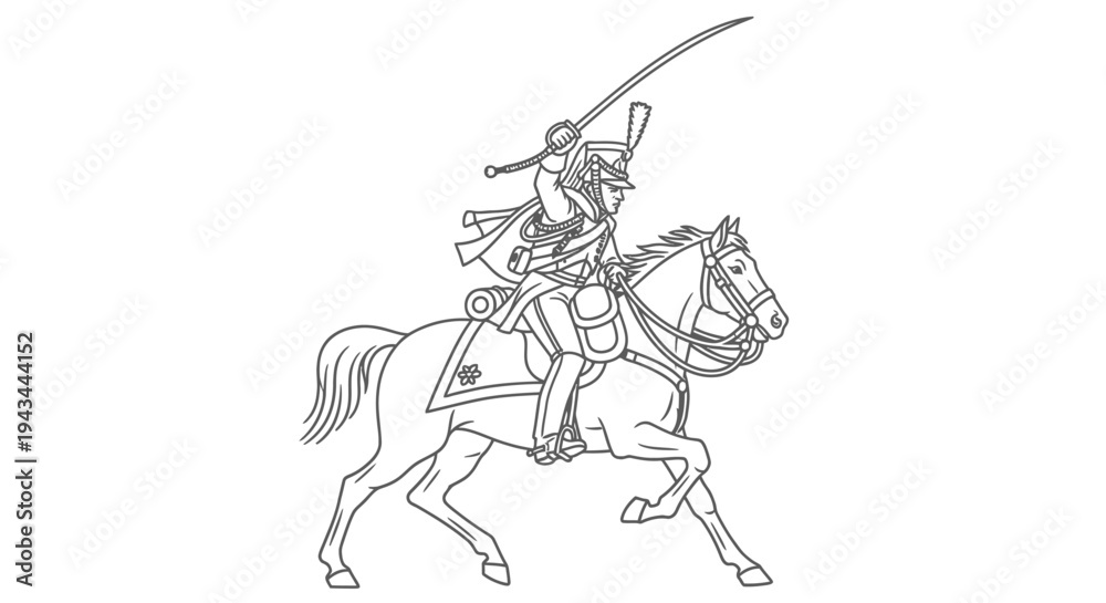Obraz premium Equestrian Soldier with Sword, Military Cavalry, Historical Illustration