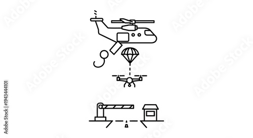 Drone delivery from helicopter to ground, logistics and transport concept