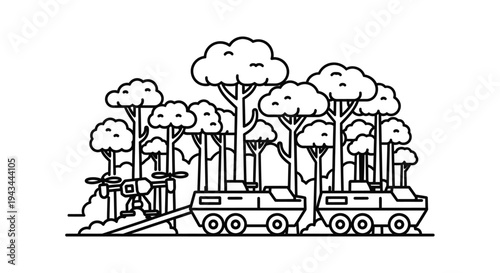 Drone and military vehicles in a forest, line art illustration