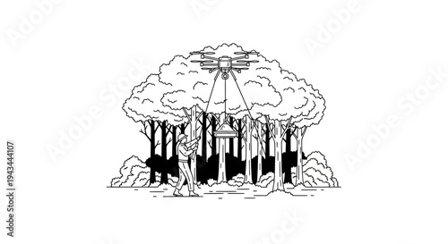 Drone Delivery in Forest: Person Receives Package from Aerial Drone