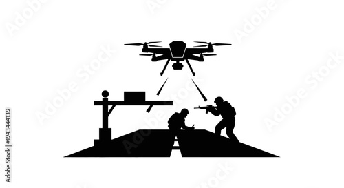 Drone surveillance over soldiers at checkpoint, military technology concept