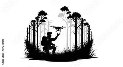Drone Pilot in Forest Silhouette, Technology and Nature Harmony
