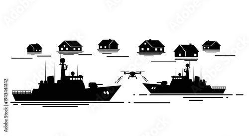 Drone Transferring Cargo Between Military Ships Near Coastal Houses
