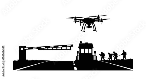 Drone Surveillance Security Checkpoint with Soldiers and Barrier