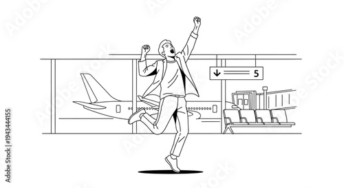 Excited businessman jumping for joy at airport with airplane and jet bridge