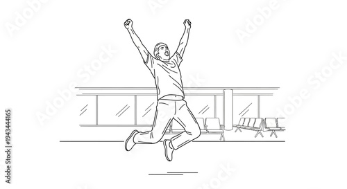 Excited Man Jumping for Joy in Airport Terminal