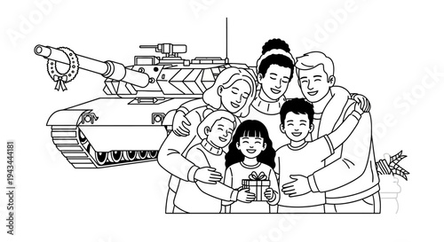 Family Hugging in Front of Tank, Military Family, Homecoming, Gift Giving