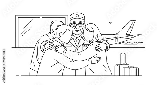 Family reunion at airport, pilot hugging loved ones, airplane and luggage in background