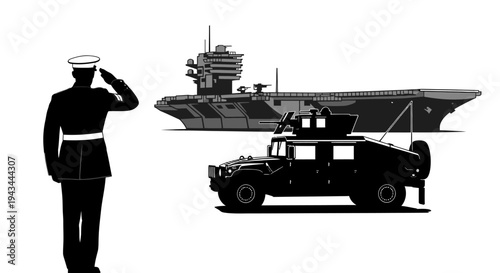 Military Salute: Marine, Humvee, and Aircraft Carrier - Symbolizing Service and Power