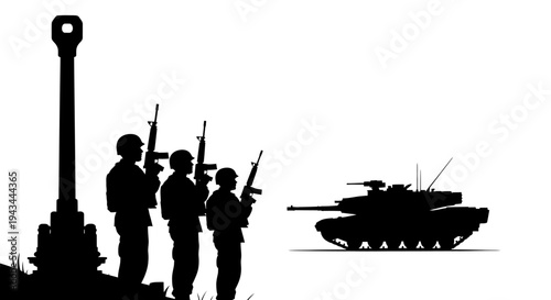 Military Silhouette: Soldiers and Tank in Formation