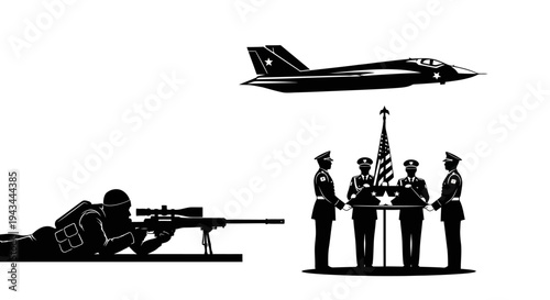 Military Sniper, Fighter Jet, and Honor Guard with American Flag