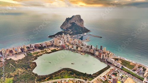 Calpe aerial view with Penon de Ifach and marina at sunset, Costa Blanca, Alicante, Spain