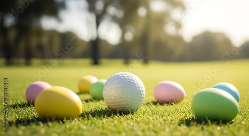 Golf ball surrounded by colorful Easter eggs on a sunny golf course green