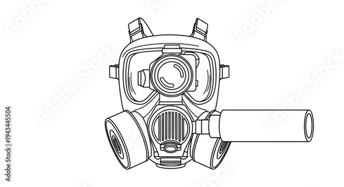 Gas Mask Respirator with Filter - Technical Drawing Illustration