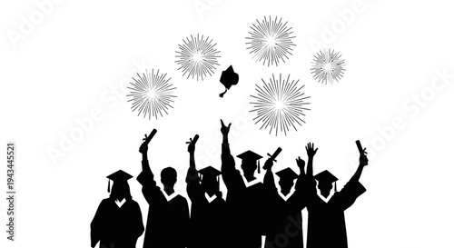 Graduation Celebration Silhouette: Students Toss Caps with Fireworks