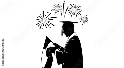 Graduation Celebration with Fireworks and Flag - Silhouette