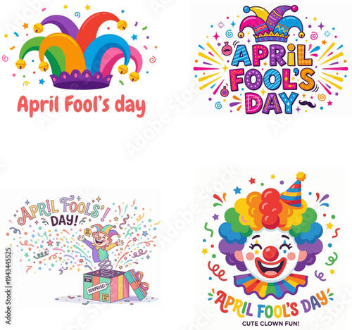 april fool's day collection with colorful jester hats, clown faces, confetti and festive typography designs for pranks and celebration party decorations vector set
