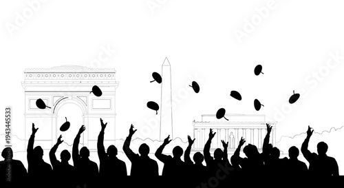 Graduation Celebration Silhouette: Caps Tossed in Air with Iconic Paris Landmarks