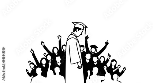 Graduation Ceremony: Lone Graduate Stands Out Amidst Cheering Crowd in Silhouette