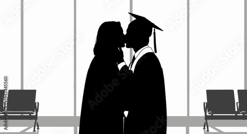Graduation Couple Kissing Silhouette, Celebrating Love and Achievement