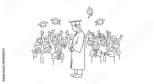 Graduation Day Celebration: Graduate Tosses Cap Amidst Cheering Friends and Family