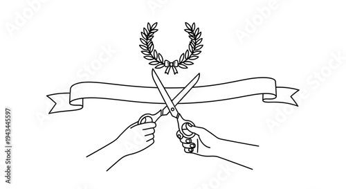 Grand Opening Celebration: Ribbon Cutting Ceremony with Scissors and Laurel Wreath