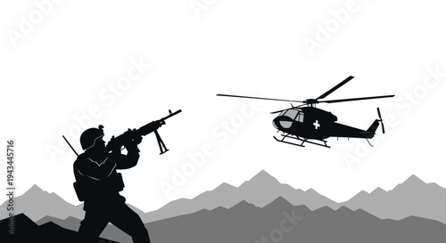 Military Soldier with Rifle Aims at Medical Helicopter in Mountain Landscape