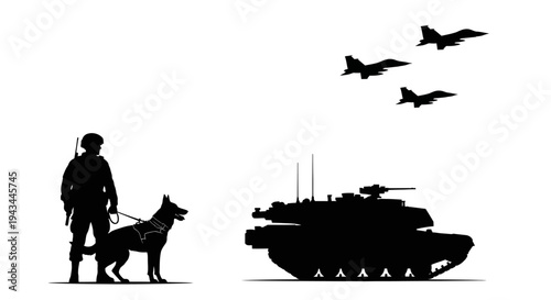 Military Soldier, Guard Dog, Tank, and Fighter Jets Silhouette