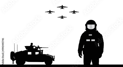 Military Soldier, Armored Vehicle, and Fighter Jets Silhouette - Defense and Power