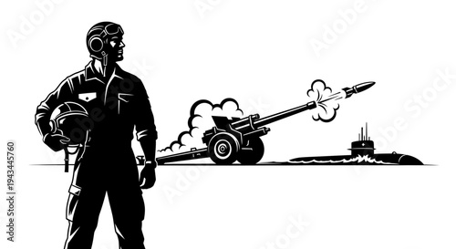 Military Soldier, Missile Launch, Artillery Cannon, Submarine - Defense Concept