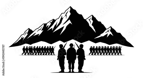 Military soldiers marching in formation with mountains in the background, silhouette style.