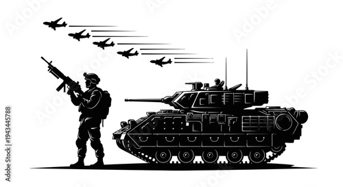 Military Soldier, Tank, and Fighter Jets in Silhouette - War and Defense Concept