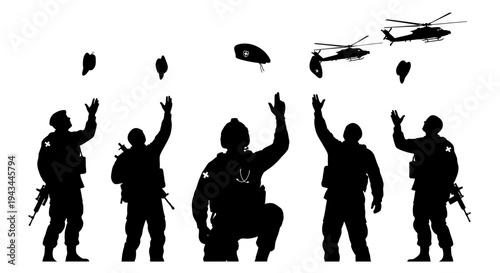 Military Soldiers Celebrate Victory Throwing Berets in Air with Helicopters Overhead