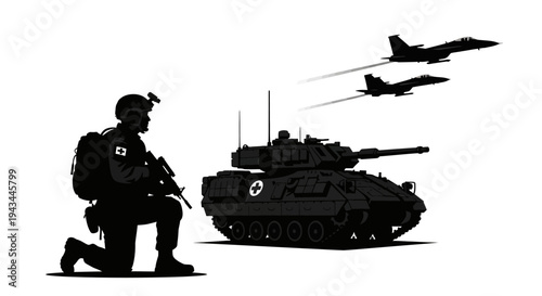 Military Soldier, Tank, and Fighter Jets Silhouette - Modern Warfare and Air Support