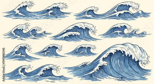 Collection of Blue Ocean Waves Illustration.