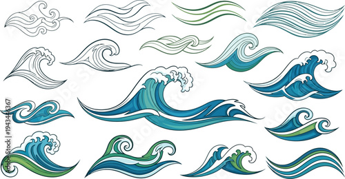 Collection of Ocean Wave Illustrations in Various Styles.