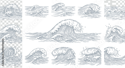 Collection of Ocean Wave Illustrations and Sketches.