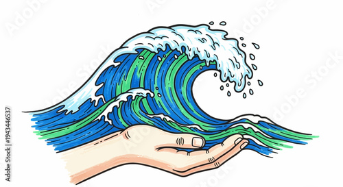 Hand Holding a Vibrant Ocean Wave.